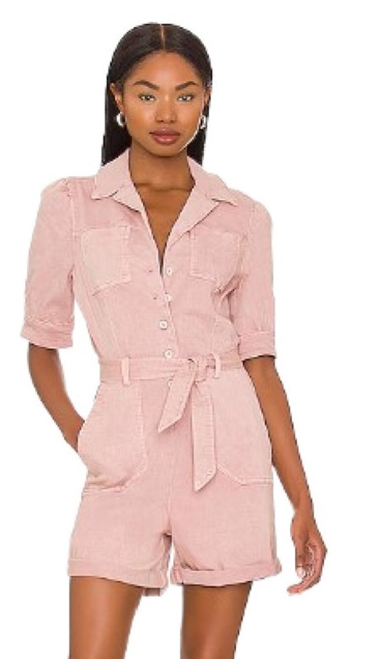 PAIGE Pink Mayslie Denim Romper Size 2 Cuffed Belted Puff Sleeve